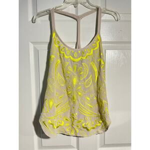 Trina Turk Silk Racerback Camisole Top Beige Yellow Embroidery Womens Small